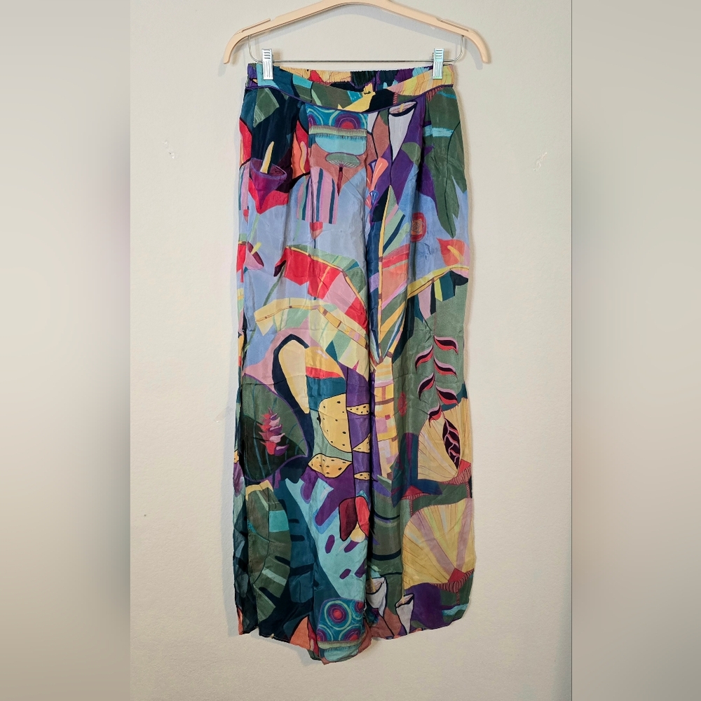 EUC FARM RIO Tropical Scenario Blue Slit Shiny Pants Size M - Picture 8 of 10